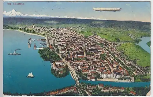 (19878) Künstler AK Konstanz, Panorama mit Zeppelin, Feldpost 1916