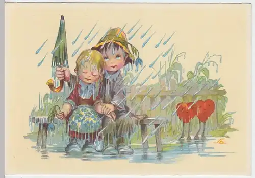 (19725) Künstler AK Kinder im Regen mit geschlossenem Schirm