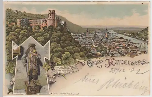 (19570) AK Gruß aus Heidelberg, Schloss, Perkeo, Litho 1902