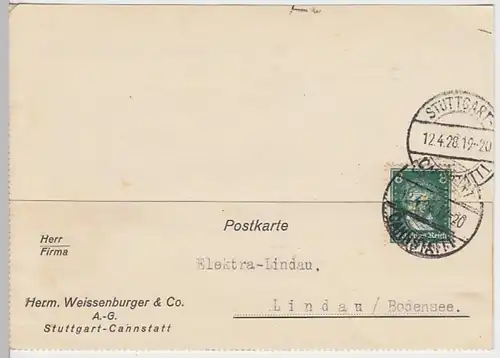 (19541) Postkarte DR 1928 v. Fa. Herm. Weissenburger & Co. Stuttgart
