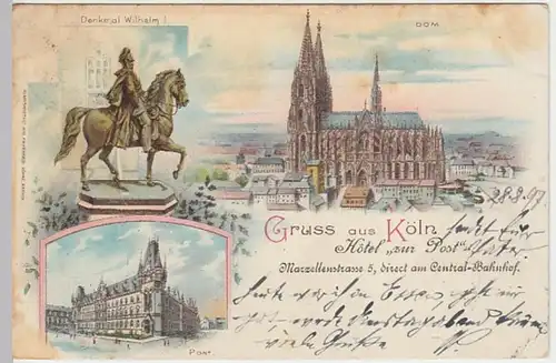 (19396) AK Gruß aus Köln, Post, Denkmal Wilhelm I., Litho 1897