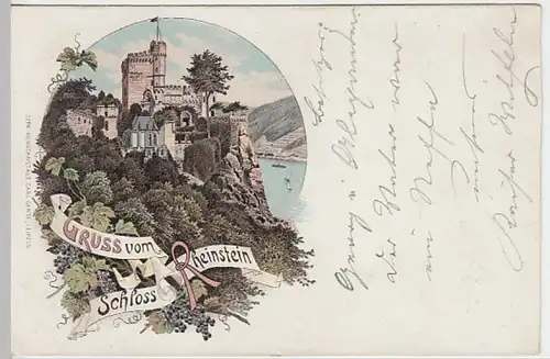 (19376) AK Gruß v. Rhein, Burg Rheinstein, Trechtingshausen, Litho um 1900