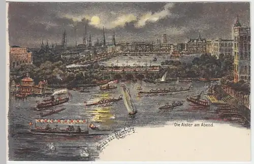 (19349) AK Gruß aus Hamburg, Mondscheinkarte, Alster, bis 1905