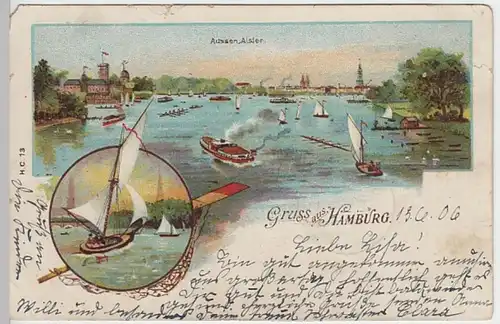 (19316) AK Gruß aus Hamburg, Außenalster, Litho 1906