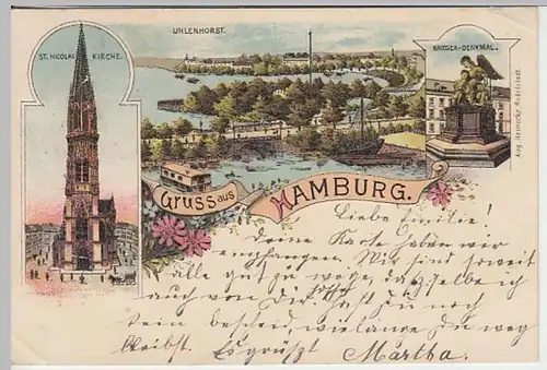 (19311) AK Gruß aus Hamburg, Uhlenhorst, St. Nikolaikirche, Litho 1900