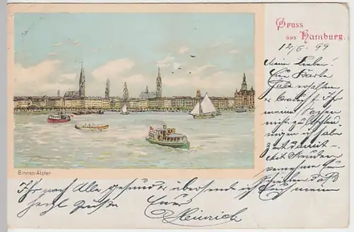 (19295) AK Gruß aus Hamburg, Binnenalster, Litho 1899