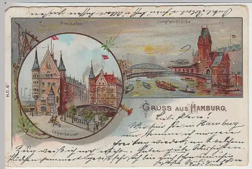 (19263) AK Gruß aus Hamburg, Lagerhäuser, Jungfernbrücke 1904