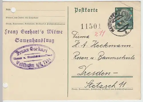 (19189) Postkarte DR 1939 v. Samenhandlung Franz Gerhart's Witwe Waldhofen