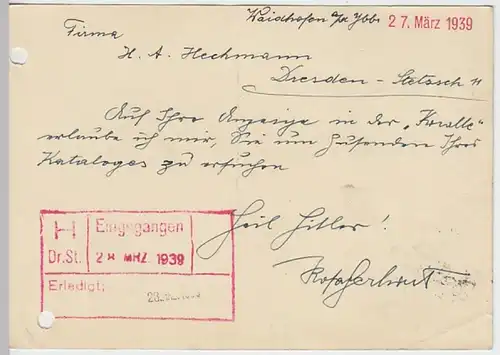 (19189) Postkarte DR 1939 v. Samenhandlung Franz Gerhart's Witwe Waldhofen