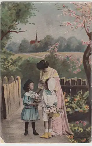 (19185) AK Mutter, Kinder mit Blumengeschenken belehrend 1909