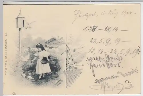 (18927) Künstler AK Mädchen, Tauben fütternd 1900