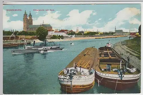(18816) AK Magdeburg, Elbansicht mit Dom, Lastkähne, vor 1945