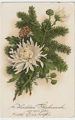 (18765) AK Neujahr, Fichtenzweig, Chrysantheme 1935