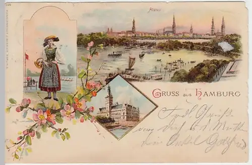 (18733) AK Gruß aus Hamburg, Frau in Tracht, Alster, Rathaus 1899