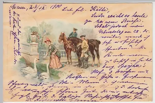 (18732) Künstler AK Dame mit zwei Reitern Schwäne fütternd 1900