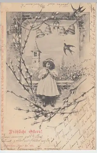(18726) Künstler AK Ostern, Mädchen, Schwalben, Glocken 1900