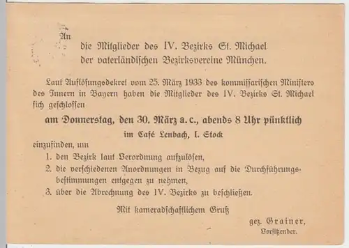 (18580) Postkarte DR 1933 an Vaterländische Bezirksvereine München