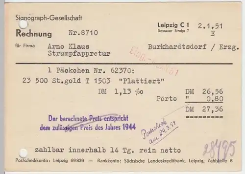 (18571) Postkarte DDR 1951 v. Sinograph Gesellschaft Leipzig