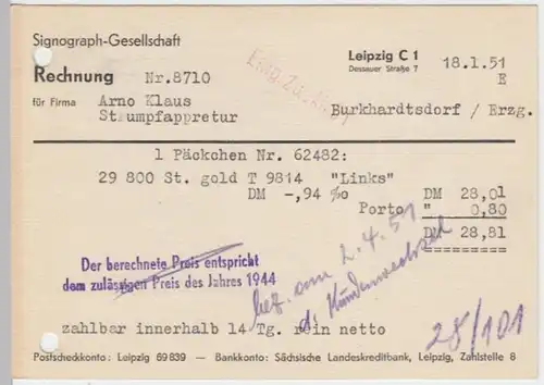 (18569) Postkarte DDR 1951 v. Sinograph Gesellschaft Leipzig