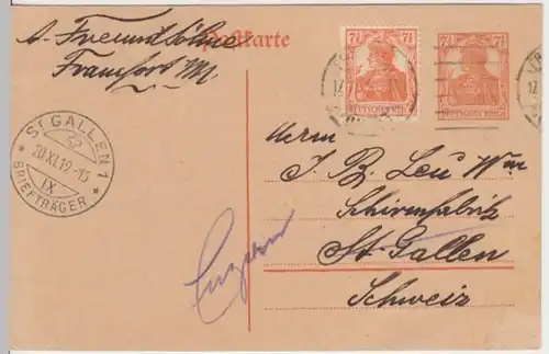 (18332) Ganzsache DR nach St. Gallen 1919 Zusatzfrankatur