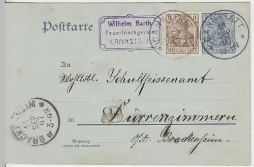 (18331) Ganzsache DR 1907 v. Feuerlöschgeräte Wilhelm Barth Cannstatt