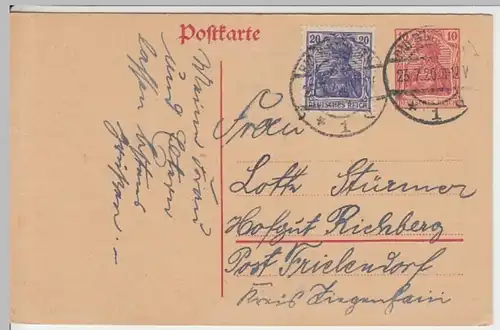 (18327) Ganzsache DR 1920 Zusatzfrankatur