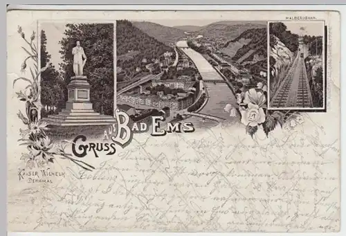 (18290) AK Gruß aus Bad Ems, Kaiser Wilhelm Denkmal, Malbergbahn 1895