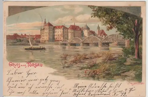 (17522) AK Gruß aus Torgau, Schloss Hartenfels u. Elbbrücke, gel. 1900