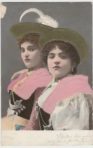 (17353) AK Frauen in Tracht, Prägekarte m. Seidenstoff, gel. 1905