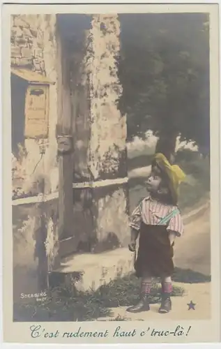 (17191) Foto AK Spruch "C'est rudement haut c'truc-la!", Mädchen a. Briefkasten,
