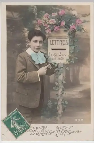 (17187) Foto AK Wünsche, Bonne Fete, Junge mit Briefkasten 1912