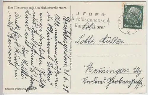 (16705) AK Ramsau b. Berchtesgaden, Hintersee, Mühlsturzhörner, gel. 1938