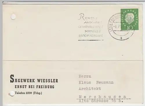 (16585) Postkarte DBP 1959 v. Sägewerk Wiessler, Ebnet bei Freiburg