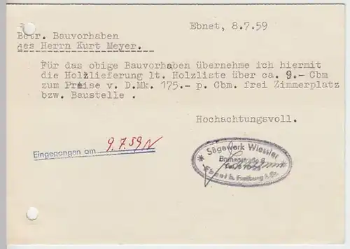 (16585) Postkarte DBP 1959 v. Sägewerk Wiessler, Ebnet bei Freiburg