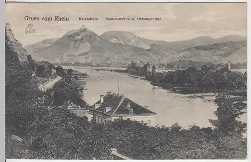 (16474) AK Gruß vom Rhein, Rolandseck mit Nonnenwerth, Siebengebirge 1909