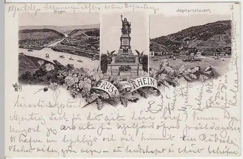 (15479) AK Gruß vom Rhein, Assmannshausen, Nationaldenkmal, Litho 1895