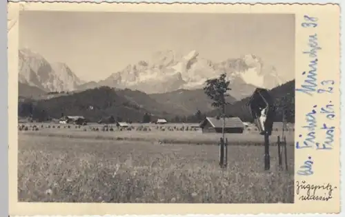 (14042) Foto AK Krün, Panorama, Zugspitzmassiv 1949