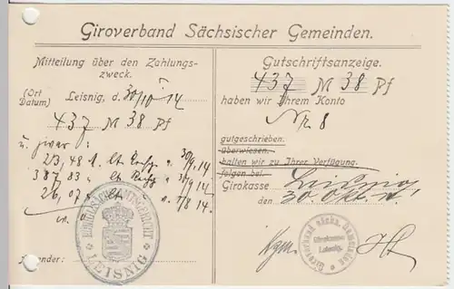 (13203) Postkarte DR 1914 v. Giroverband Sächsischer Gemeinden Leisnig