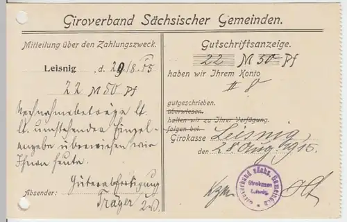 (13202) Postkarte DR 1915 v. Giroverband Sächsischer Gemeinden Leisnig