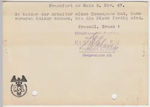 (8998) Postkarte Deutsche Post 1947, Ernst Klein, Möbeltransport Frankfurt a.M.