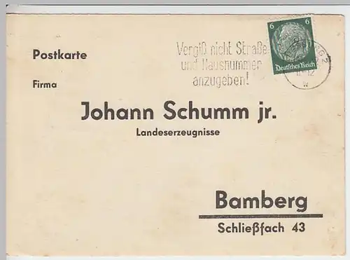 (8902) Postkarte DR Johann Schumm jr. Bamberg 1939