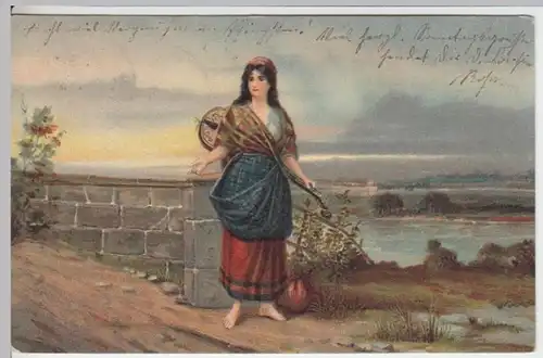 (13043) Künstler AK Junge Frau mit Laute 1906