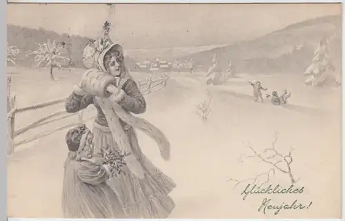 (12790) AK Neujahr, Mädchen mit Mistelzweigen, junge Frau mit Muff 1908