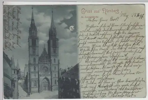 (12568) AK Gruß aus Nürnberg, St. Lorenzkirche, Mondscheinkarte 1897