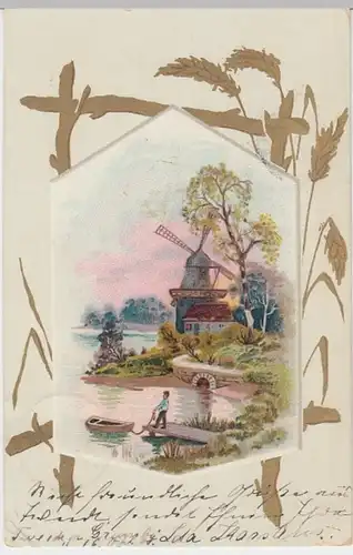 (12432) Künstler AK Windmühle am Wasser 1901