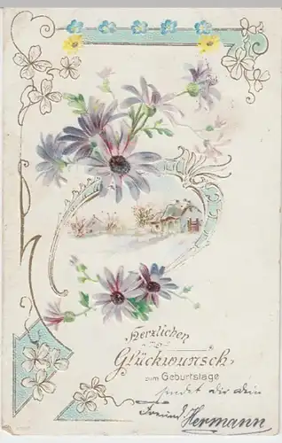 (12428) AK Geburtstag, Prägekarte, Margeriten, Häuschen 1903