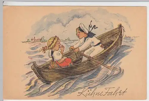 (12216) Künstler AK Kühne Fahrt, Kleiner Matrose u. Mädchen in Boot