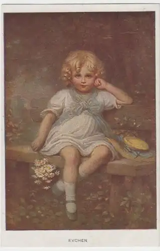 (12050) Künstler AK Evchen, kleines Mädchen auf Bank, vor 1945