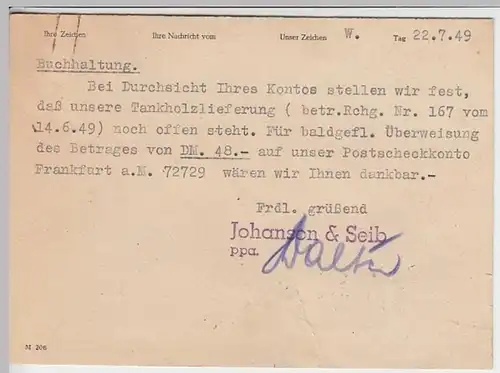(11935) Postkarte DBP 1949 v. Johanson & Seib, Frankfurt a.M.