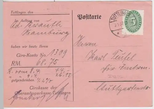 (11394) Postkarte Dienstsache DR 1932 v. Oberamtssparkasse Tuttlingen